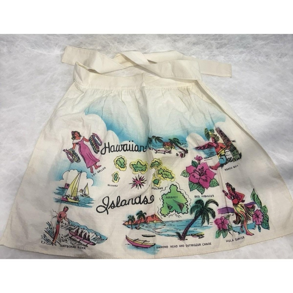 Vintage Hawaiian Islands Souvenir Apron Cotton‎ Lei Hula Map Print Mid Century